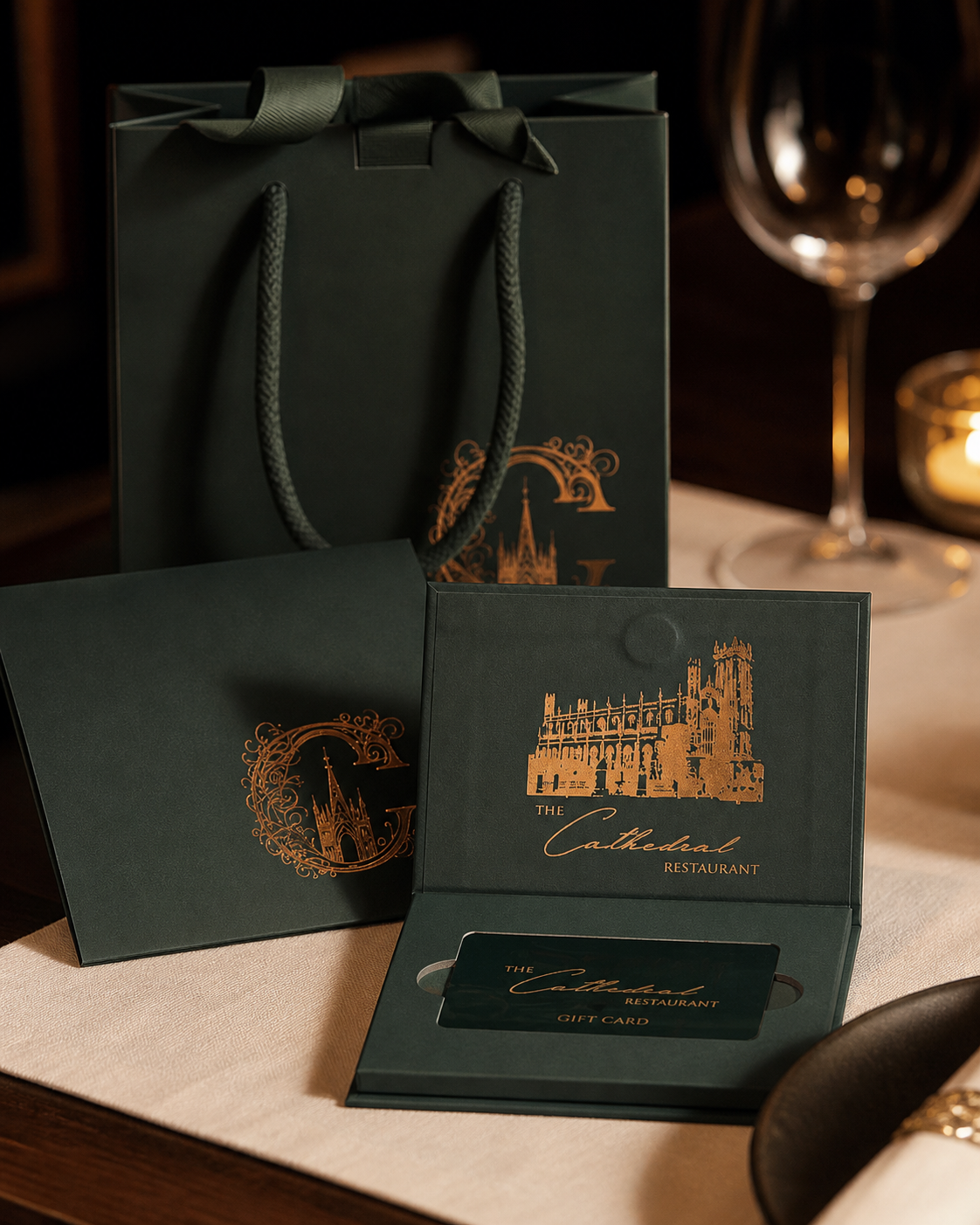 Cathedral Restaurant gift card and presentation box in a refined dining setting