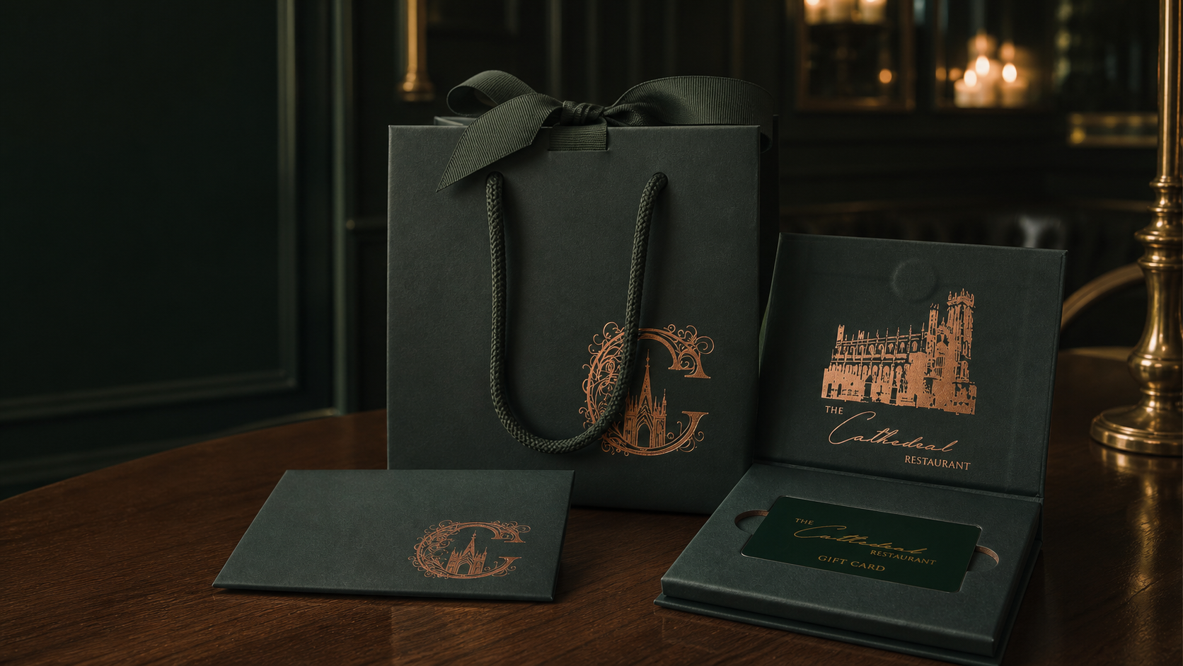 Cathedral Restaurant gift voucher presentation set on a dark walnut table